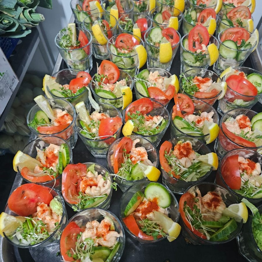 Individual prawn cocktail canap&eacute;s arranged on a serving tray